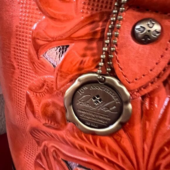 NWOT Patricia Nash “Broncos” Leather Zorita Tool Vibrant Orange Embossed Satchel - Picture 3 of 15